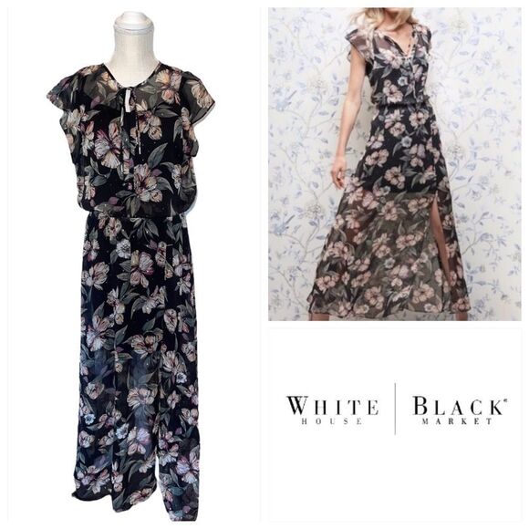 White House Black Market Floral Flutter Sleeve Maxi Dress Size Medium - Picture 1 of 16